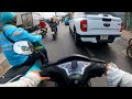 pov city traffic white noise driving a motorbike on a crowded street during rush hour