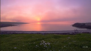 Midnight sun (2 hours) with pink fog. Real-time