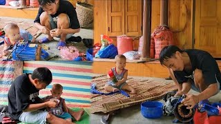 Single father, repairing lawn mowers with his 6-month-old son, cooking porridge to take care of him