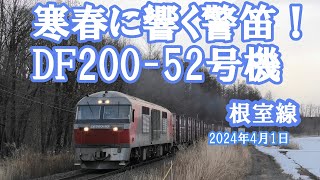 寒春に響く汽笛！貨物列車2029レを牽引する赤熊（JR貨物DF200 52号機）根室線にて　2024年4月1日