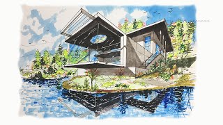 HOW TO DRAW 2 POINT PERSPECTIVE OF A MODERN HOUSE ON A LAKE.