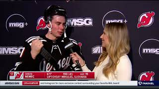 Simon Nemec NHL Debut Intermisson Interview Hilarious! #NJDevils