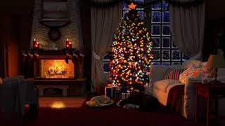 8 Hours Christmas Cabin Ambiance | Crackling Fireplace with Snow sounds | Cat \u0026 Dog