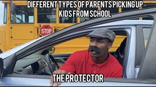 Different types of Parents picking up kids from school