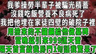 我爹操勞半輩子被騙光積蓄，沒錢吃飯營養不良病死了，我把他埋在家徒四壁的破院子裡，用撿來的不鏽鋼給他做墓碑，當晚就引來999道天雷，隔天首富敲我房門1句話我驚呆了#荷上清風#爽文