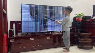 Angry son smashed TV. | Dad fixed broken TV.