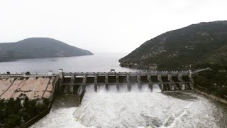 Somasila Dam Gates Open Heavy Water Flow View from the Sky