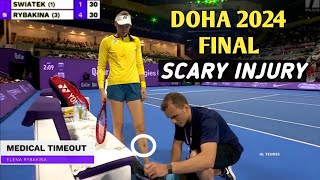 Elena Rybakina Injury During Service vs iga Swiatek - She Hit her Racquet on leg Doha Final 2024
