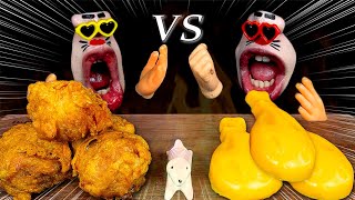 ASMR MUKBANG :) Real Chicken VS Jelly Chicken. RealMouth twins eating show!