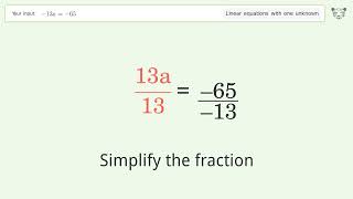 Solve -13a=-65: Linear Equation Video Solution | Tiger Algebra
