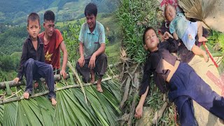 Orphan boy was helped by the villagers to complete the palm roof for his bamboo house