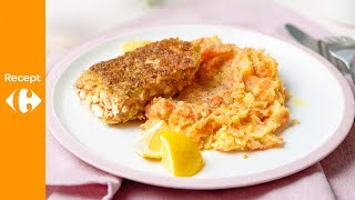 Krokante zalmfilet in panko met gekruide wortelpuree