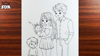 How to draw a Cute Family | Family drawing easy | how to draw simple family | family with 4 members