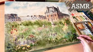 Sketching & painting a Parisian garden | ASMR relaxing ink & watercolor(no talking)