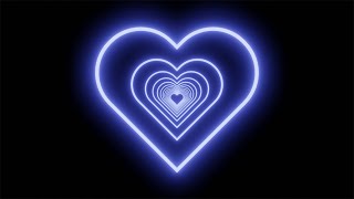 Neon Tunnel of Blue Hearts on Black Background. Video Loop