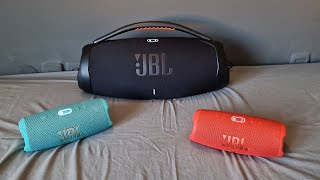 JBL Boombox 3 \u0026 2 x JBL Charge 5, PartyBoost, bass boosted song! crazy!