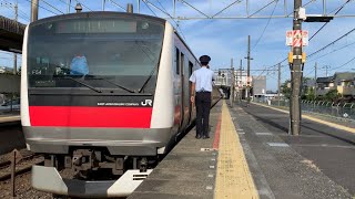 JR外房線誉田駅2番線7時34分発京葉線経由快速東京駅行き(千ケヨ554編成)＋(千ケヨF54編成)入線.連結.発車。