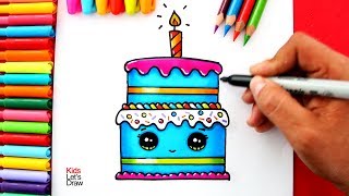 Cómo dibujar y pintar una TORTA DE CUMPLEAÑOS Kawaii | How to Draw a Cute Birthday Cake