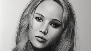 Realistic pencil drawing timelapse, Portrait drawing of Jennifer Lawrence