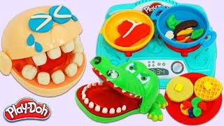 Toy Crocodile Steals Mr. Play Doh Head's Play Dough Stove Top Cooked Food!