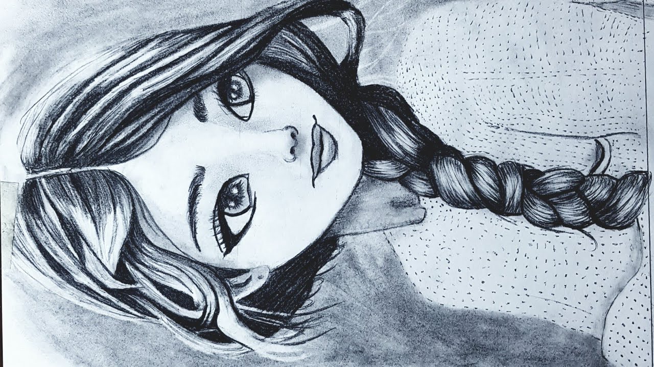 örgü Saç Modelli Kız çizimi Eskiz çizimi Karakalem çizim çalışması