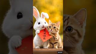 萌宠联盟：白兔与黄猫的新年祝福Cute Pet Alliance: New Year's Blessings from White Rabbit and Yellow Cat#新年快乐 #动物趣事