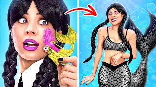 HOW TO BECOME A MERMAID🌊 Wednesday Addams Transformation🖤 Cool Hacks and Beauty Tips by 123 GO!