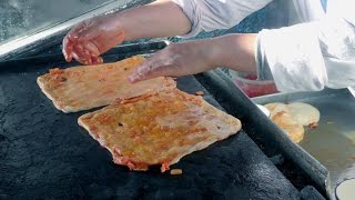 Street Food of Marrakech, Morocco. Cooking the Msemmen Pancake. Moroccan Crepe