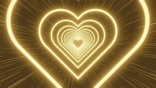 Neon tunnel of yellow hearts on a dark yellow striped background. Video Loop