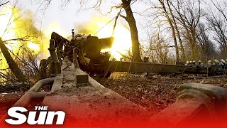 Russian forces blast Ukrainian positions with huge artillery guns