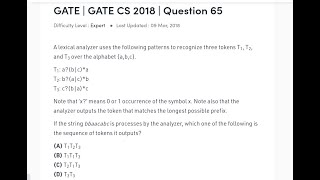 GATE 2018 CS/IT LEXICAL ANALYZER | Sequence of Tokens it output | bbaacabc | T1T2T3, T1:a?(b∣c)*a