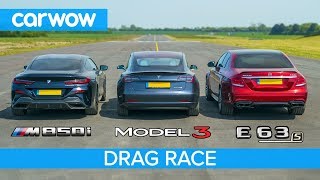 BMW M850i vs Tesla Model 3 vs Mercedes-AMG E63 S - DRAG RACE, ROLLING RACE & BRAKE TEST
