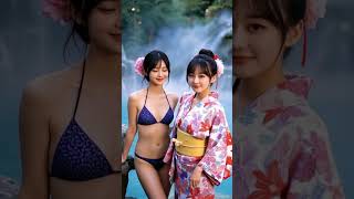 Two Japanese women relaxing in an outdoor hot spring. Experience tranquility and nature!  #beauty