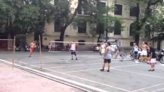 Vietnamese locals playing foot badminton. Serious skills!