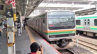 【田端運転所乗務員ハンドル訓練(黒磯訓練)(往路)】E231系1000番台U527編成が試運転電車として警笛を鳴らして大宮駅9番線を発車するシーン(試9651M)