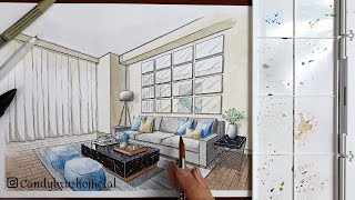 Drawing A Living Room in Two Point Perspective | Hand Rendering Interior | Timelapse