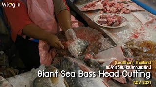 Wlog In : Giant Sea Bass Head Cutting (แม่ค้าโชว์สับหัวปลากะพงยักษ์)