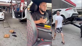 Le remolcan el auto a una pareja de cubanos mientras comían pizza en gasolinera de Hialeah