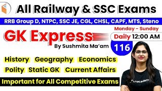 12:00 AM - All Railway & SSC Exams | GK by Sushmita Ma'am | Important GK Questions (Day-116)