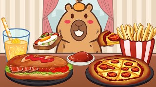 Capybara ASMR FOOD - EXTRA CHEESY PIZZA, HAMBURGER, FRENCH FRIES | Capybara Mukbang Animation