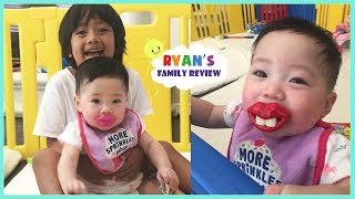 WIERD FUNNY SCARRY TEETH!!  Twin Babies Trying on Funny Pacifiers with Ryan's Family Review