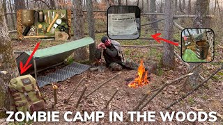 Solo Overnight Building an Apocalyptic Zombie Camp in The Woods and Bacon Bean S