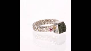 Raw Moldavite \u0026 Rubellite Tourmaline Silver Ring