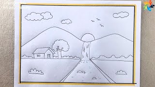 Pahar o Jhornar Drisso Drawing || Mountain with Waterfall River Scenery Drawing