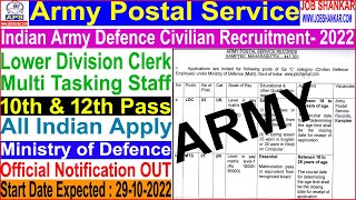Army Postal Service Records Kamptee, LDC & MTS Recruitment- 2022|| Indian Army|| Ministry of Defence