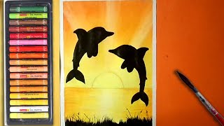 Dolphin Sunset Scenery Drawing with Oil Pastels for beginners in Simple Steps | Painting Tutorial