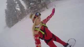 Blonde snowboarding in pyjama  - Georgia, Svaneti, Mestia, Hatsvali.