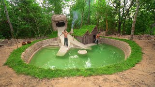 Best Survival Skills Building Water Slide to Underground Swimming Pool, Wooden House, Grass Roof