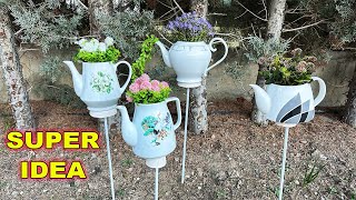 Turn your old, broken and lidless teapots into garden decor! DIY Teapot Garden