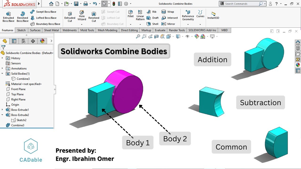 Solidworks Combine Bodies | Solidworks Combining Feature Add Subtract ...